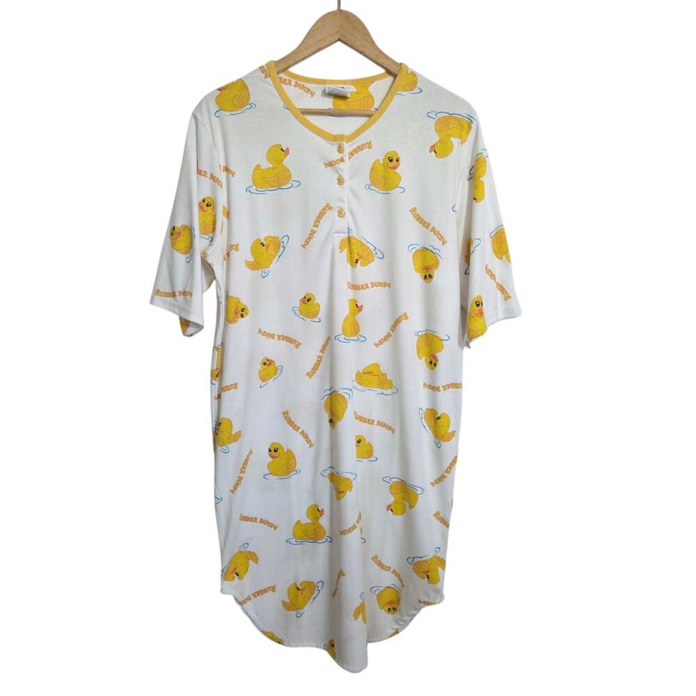 Vintage 90s Milton Funwear Rubber Ducky Pajama Nightgown Duck Buttons LARGE